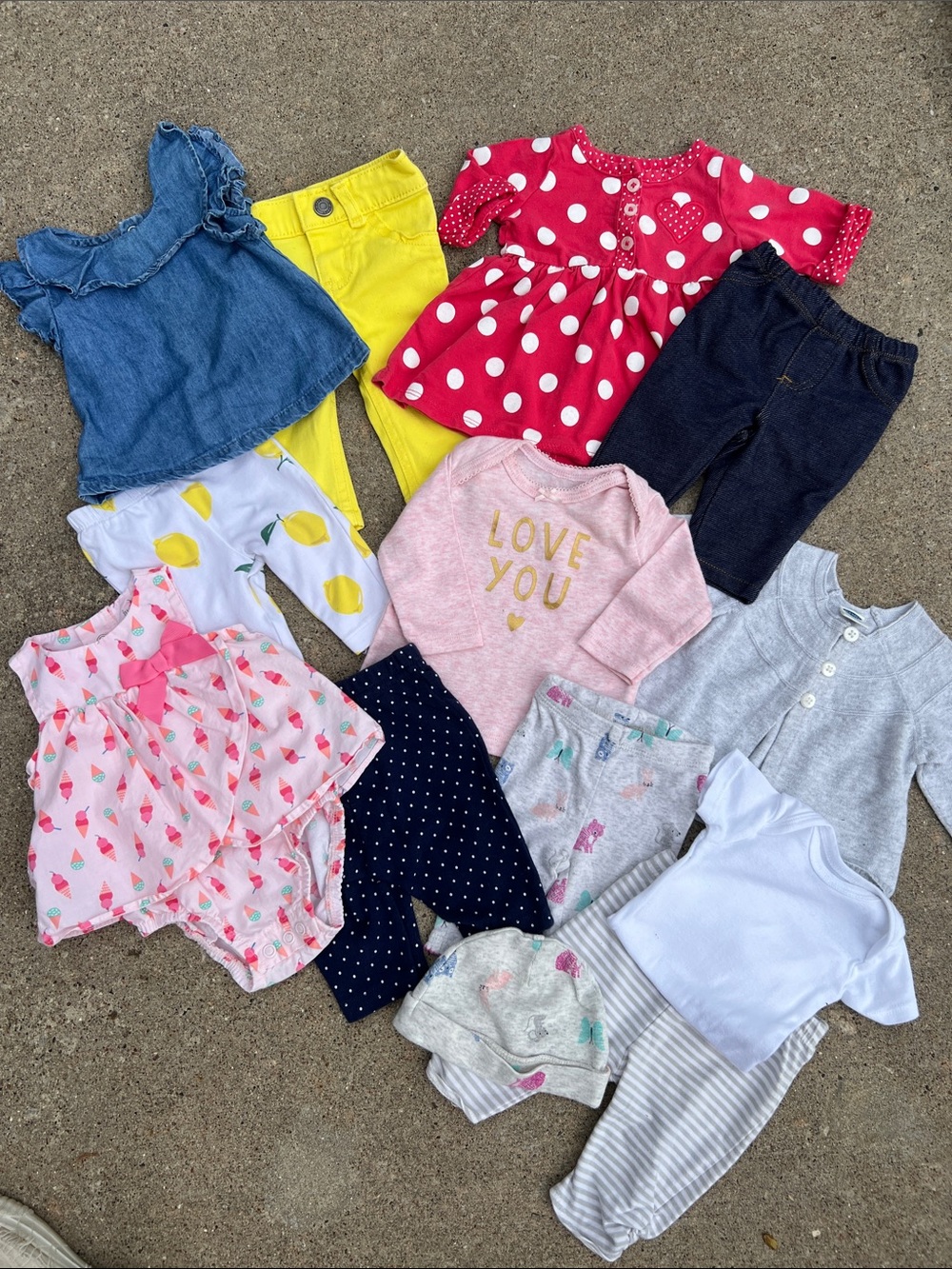 CARTERS Mixed Baby Girls Clothing Bundle of 13- Pink, Yellow, Denim Pieces